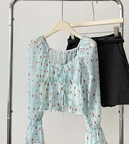 French Vintage Women's Blue Strawberry Print Blouse Spring Autumn Flared Long Sleeves Square Neck Ladies Lace-up Short Shirt New