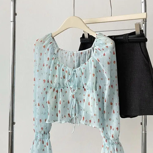 Load image into Gallery viewer, French Vintage Women's Blue Strawberry Print Blouse Spring Autumn Flared Long Sleeves Square Neck Ladies Lace-up Short Shirt New
