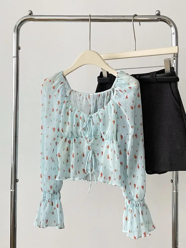 French Vintage Women's Blue Strawberry Print Blouse Spring Autumn Flared Long Sleeves Square Neck Ladies Lace-up Short Shirt New