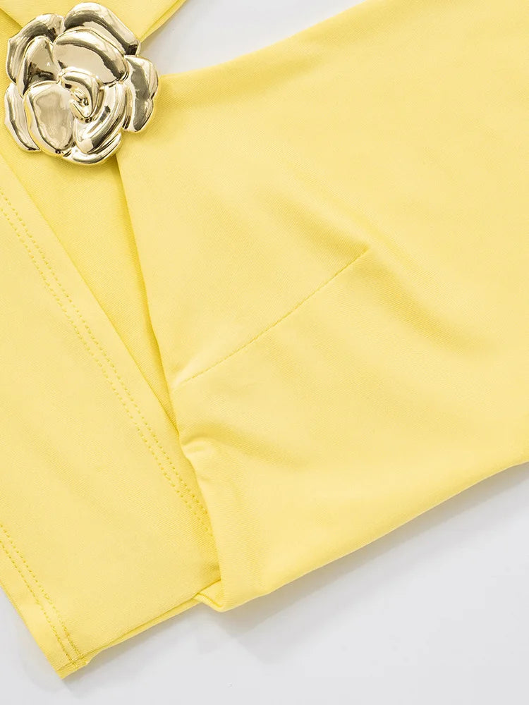 Yellow Sexy Skirt Two Piece Sets Women Halter Lace-up Crop Tops And Maxi Skirt Female Elegant Club 2 Piece Sets Dress