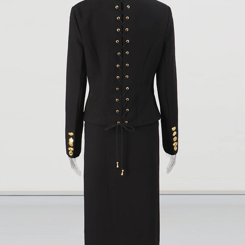 Load image into Gallery viewer, Solid Spliced Single Breasted Two Piece Sets for Women Round Neck Long Sleeves Top High Waist Split Skirt Set Female
