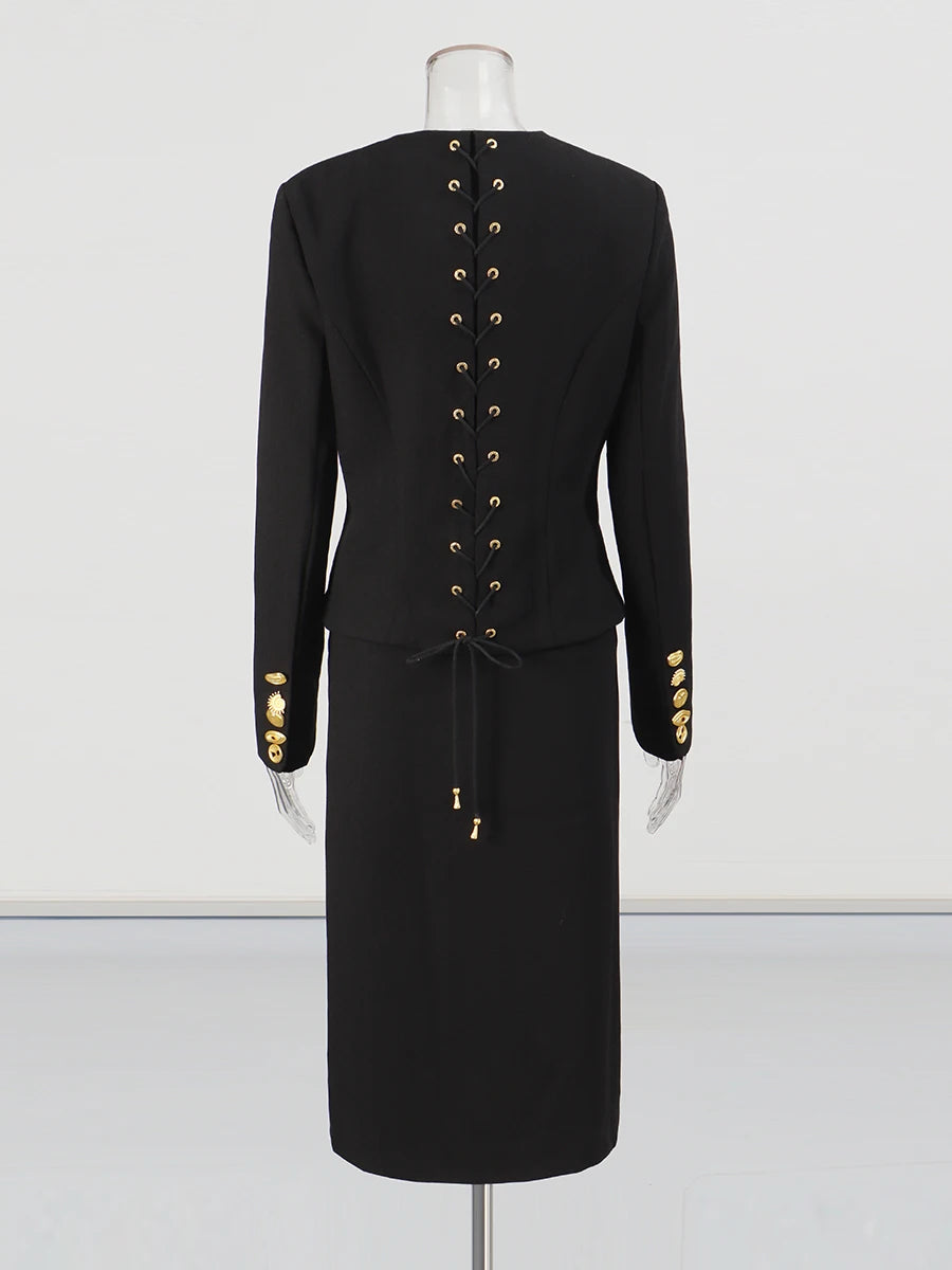 Solid Spliced Single Breasted Two Piece Sets for Women Round Neck Long Sleeves Top High Waist Split Skirt Set Female