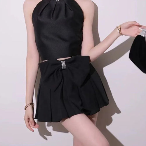 Load image into Gallery viewer, Sweet Two Piece Sets for Women Round Neck Sleeveless Spliced Bead Vest High Waist Patchwork Bowknot Skirt Set Female
