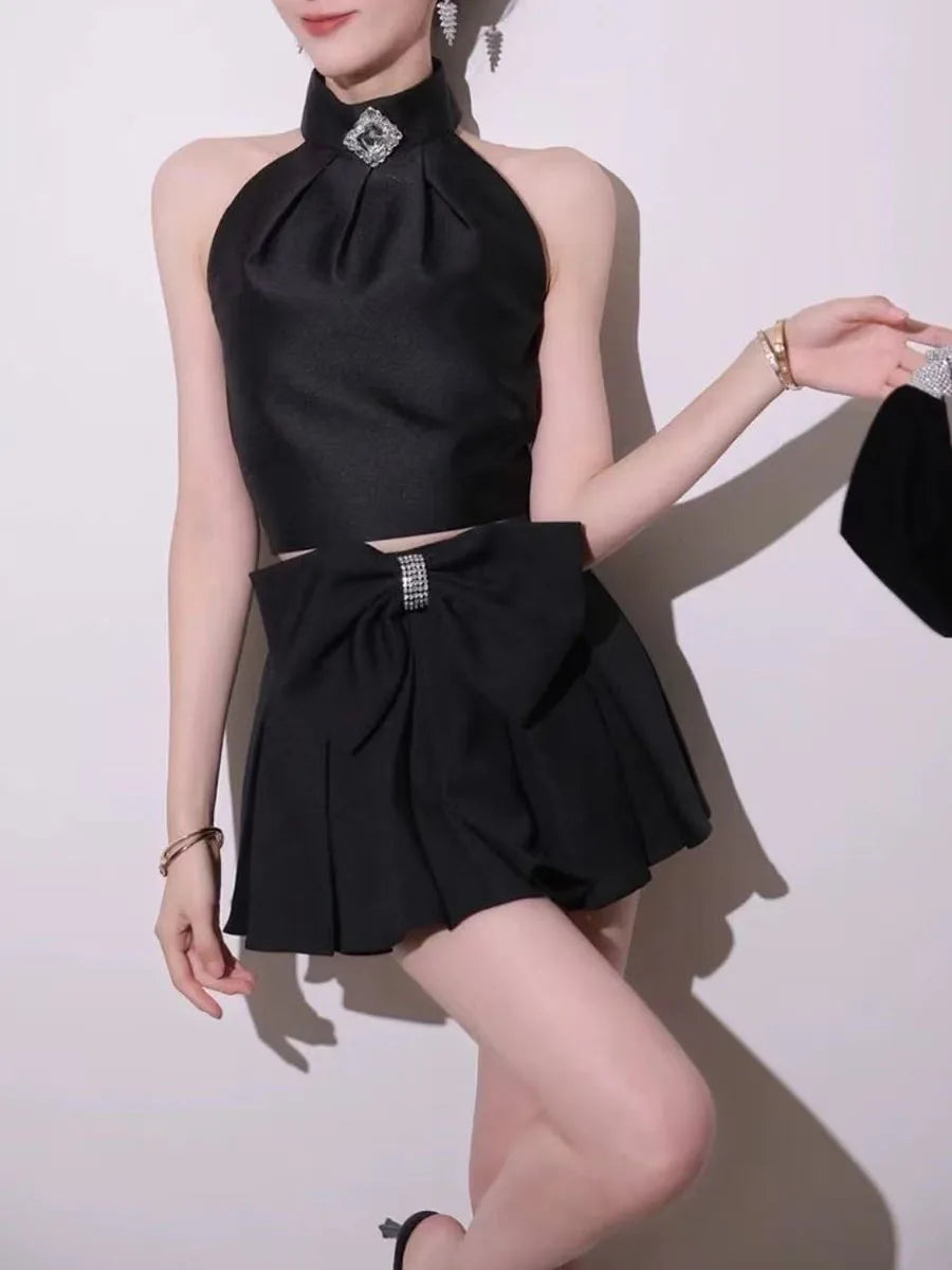 Sweet Two Piece Sets for Women Round Neck Sleeveless Spliced Bead Vest High Waist Patchwork Bowknot Skirt Set Female