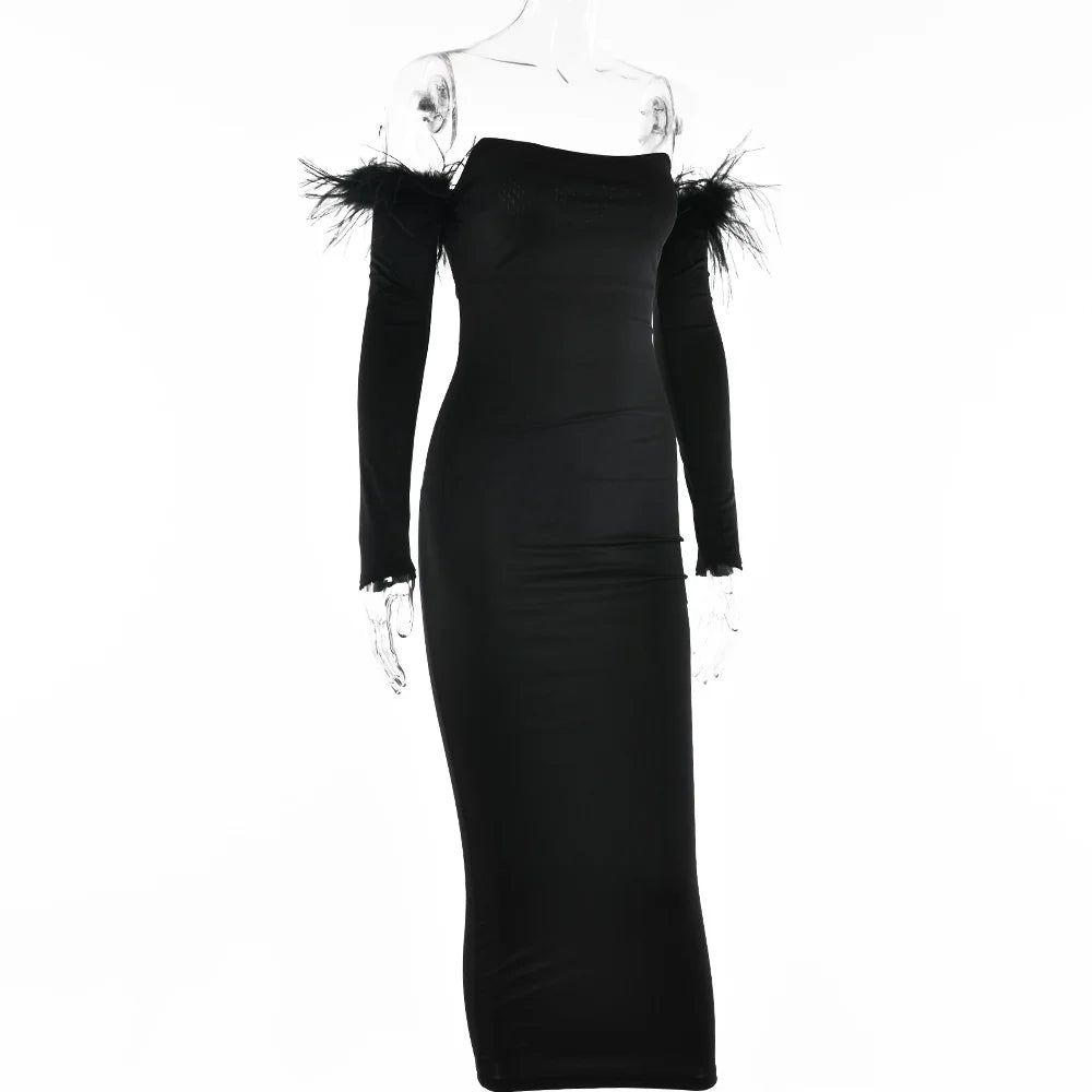 Elegant Off-shoulder Feather Sleeve Maxi Dress Women 2022 New Strapless Backless Bodycon Long Dress Vestido