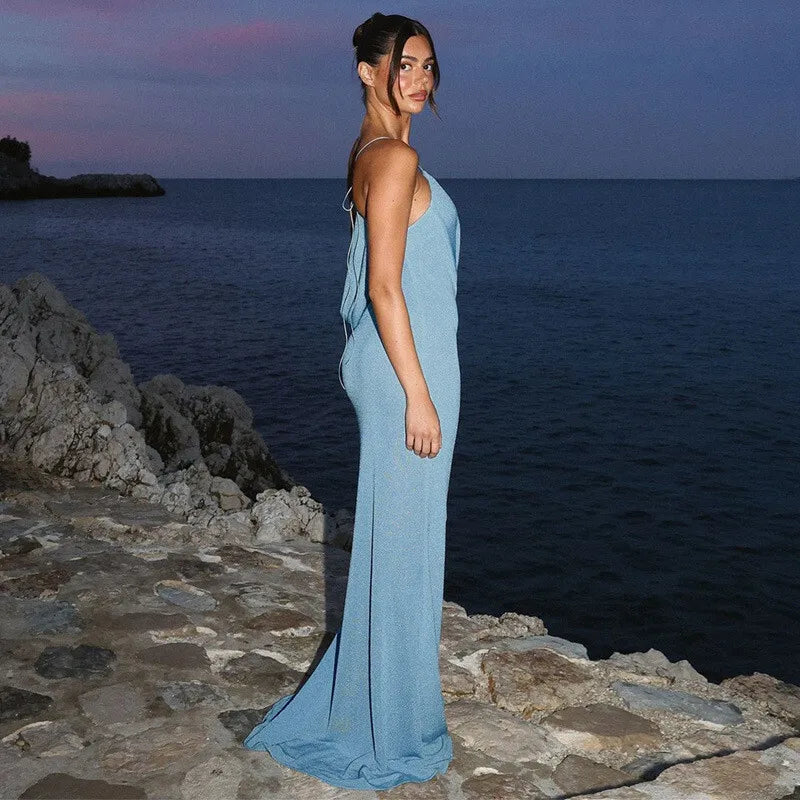 Halter Skew Collar Sexy Maxi Dress For Women Gown Hollow Out Strapless Sleeveless Backless Bodycon Club Long Dress