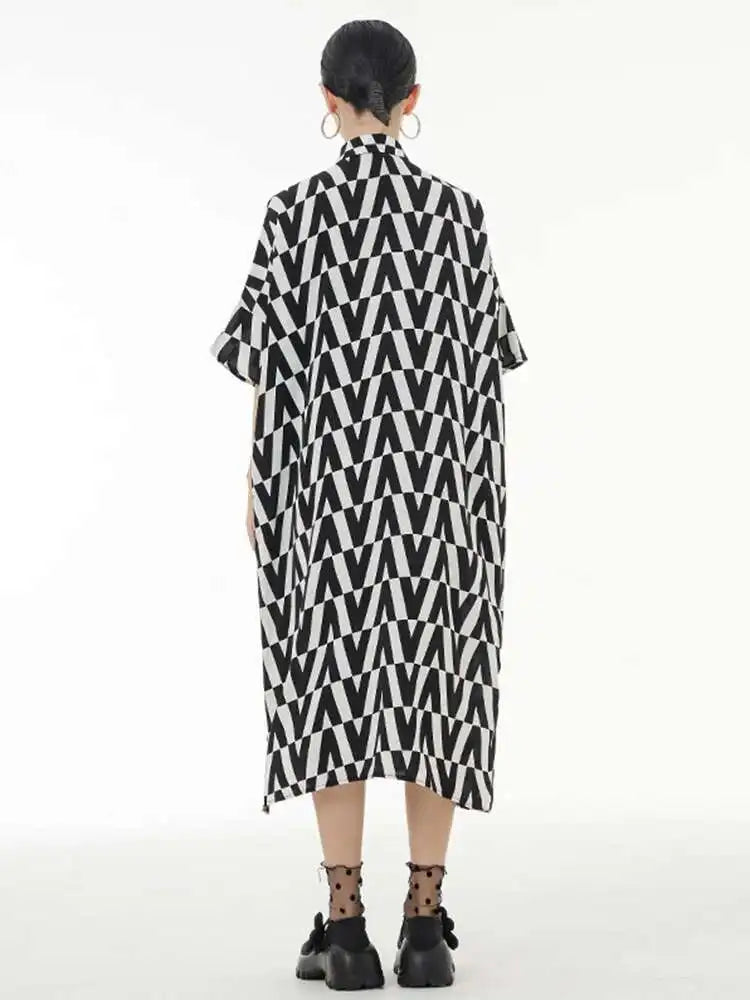 Women Black Pattern Printed Big Size Long Shirt Dress New Lapel Half Sleeve Loose Fit Fashion Spring Summer 2025 1DE9944