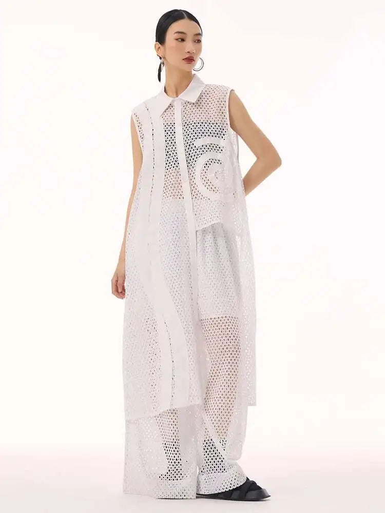 Women White Hollow Out Big Size Long Elegant Shirt Dress New Lapel Sleeveless Fashion Tide Spring Autumn 2025 1DH9424