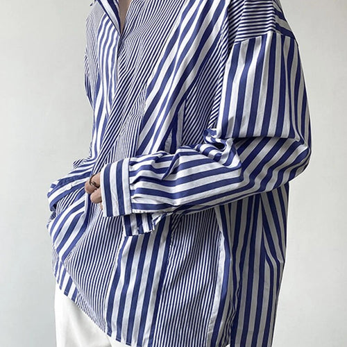 Load image into Gallery viewer, Casual Loose Striped Shirts For Women Lapel Long Sleeve Soliced Button Split Shirt Female Fashion Summer Clothing
