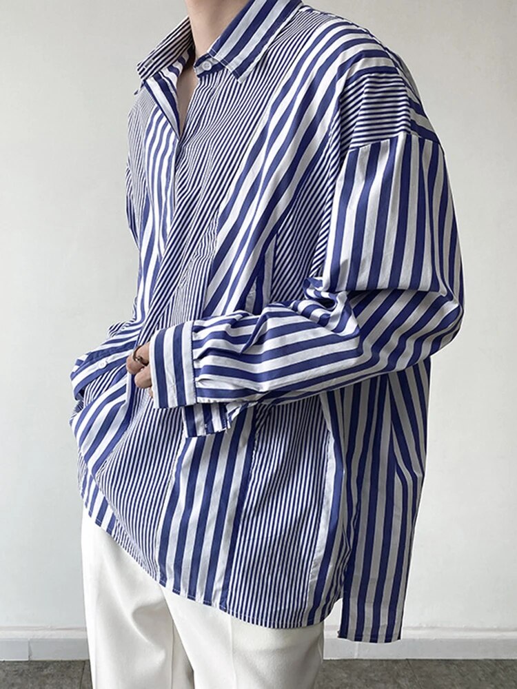 Casual Loose Striped Shirts For Women Lapel Long Sleeve Soliced Button Split Shirt Female Fashion Summer Clothing