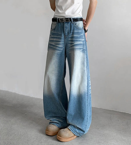 Men's Jeans American Style High Street Distressed Trendy Washed Denim Pants Loose Wide Leg Stylish Male Trousers 9W1709