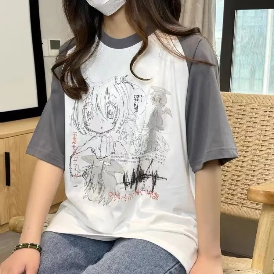 Cotton Y2k Tops Women's Clothing Japanese Cute Oversized T Shirt Fashion Anime Print Short Sleeve Tees Casual Summer T-shirt