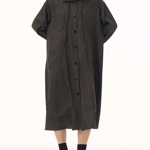 Load image into Gallery viewer, Women Army Green Patch Drawstring Big Size Midi Dress New Stand Collar Long Sleeve Fashion Tide Spring Autumn 2025 1DH9211
