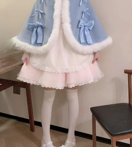 Kawaii Fur Patchwork Loose Sweet Hooded Cloak Coats Japanese Lolita Bandage Cete Jackets Y2k Aesthetic Grunge Bow Women Tops
