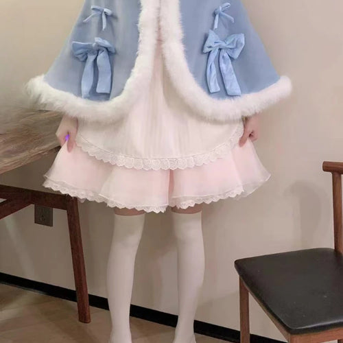 Load image into Gallery viewer, Kawaii Fur Patchwork Loose Sweet Hooded Cloak Coats Japanese Lolita Bandage Cete Jackets Y2k Aesthetic Grunge Bow Women Tops
