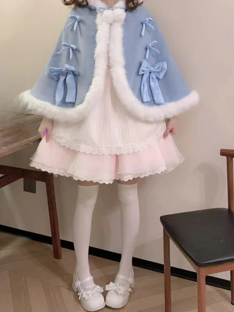 Kawaii Fur Patchwork Loose Sweet Hooded Cloak Coats Japanese Lolita Bandage Cete Jackets Y2k Aesthetic Grunge Bow Women Tops