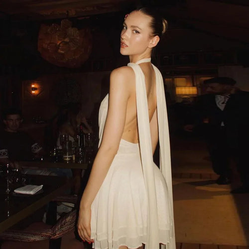 Load image into Gallery viewer, Halter Deep V Neck Backless Sexy Mini Dress For Women Robe Solid Sleeveless High Waist Ruffled Club Party Dress
