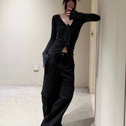 Load image into Gallery viewer, Autumn Black Sexy Halter Streetwear Tees Single Breasted Pleated Harajuku Slim Tops Grunge Split Women T-shirts Y2k Aesthetic
