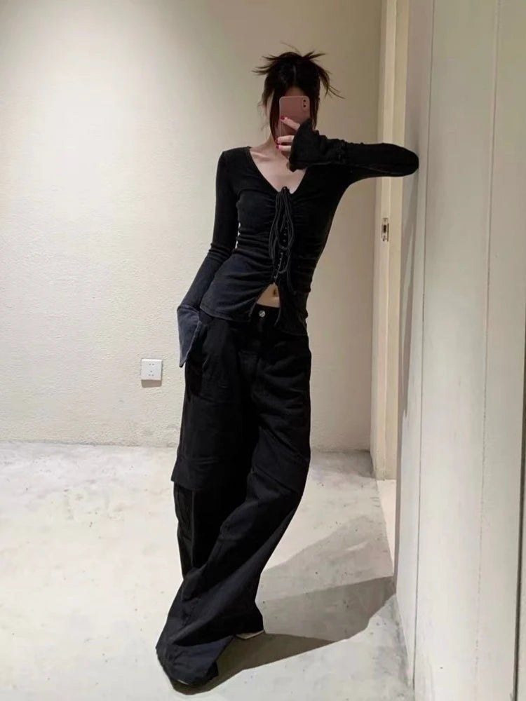 Autumn Black Sexy Halter Streetwear Tees Single Breasted Pleated Harajuku Slim Tops Grunge Split Women T-shirts Y2k Aesthetic