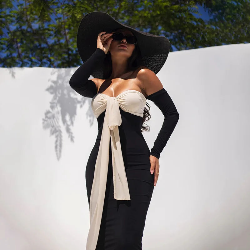 Patchwork Off-shoulder Sexy Maxi Dress For Women Gown Contrast Color Strapless Long Sleeve Bodycon Sexy Long Dress