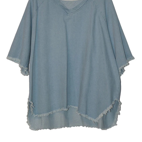 Load image into Gallery viewer, Women Black Denim Burr Irregular Big Size Casual T-shirt New V-Neck Half Sleeve Fashion Tide Spring Summer 2025 1DJ1392
