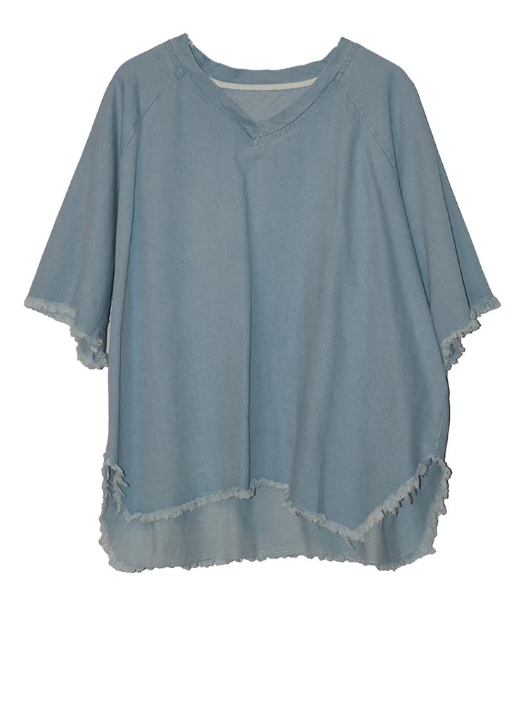 Women Black Denim Burr Irregular Big Size Casual T-shirt New V-Neck Half Sleeve Fashion Tide Spring Summer 2025 1DJ1392