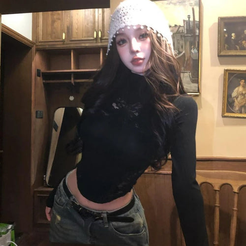 Load image into Gallery viewer, Y2k Aesthetic Vintage Lace Patchwork Tees 2025 Slim Fit Streetwear Autumn Bow Tshirts Women Harajuku Grunge Bottoming Crop Tops
