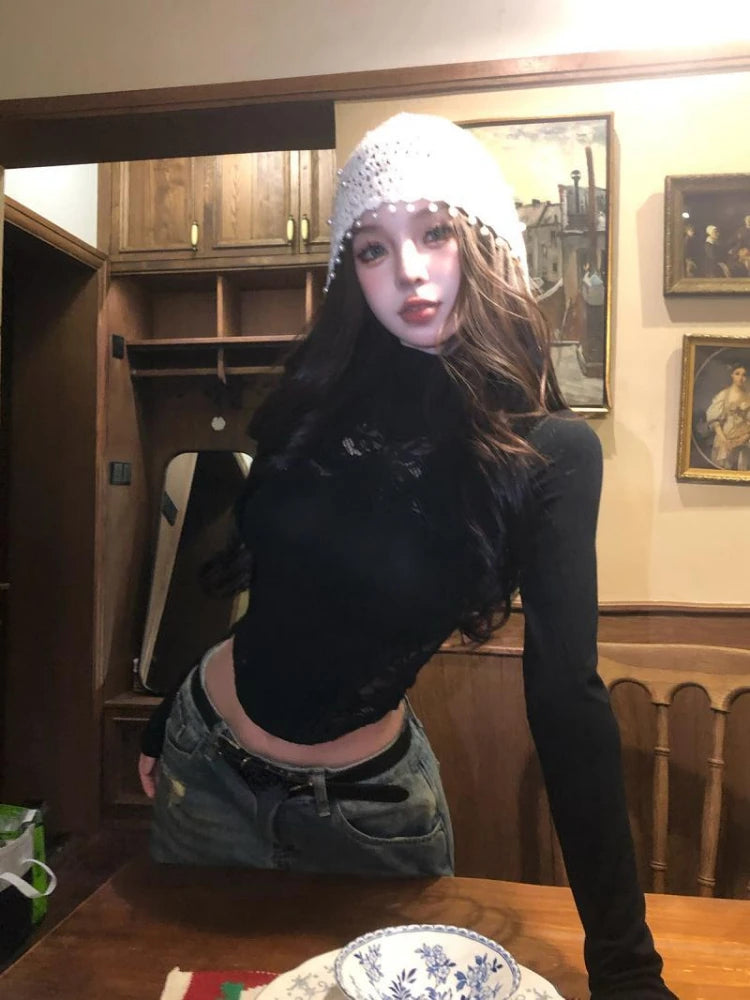 Y2k Aesthetic Vintage Lace Patchwork Tees 2025 Slim Fit Streetwear Autumn Bow Tshirts Women Harajuku Grunge Bottoming Crop Tops