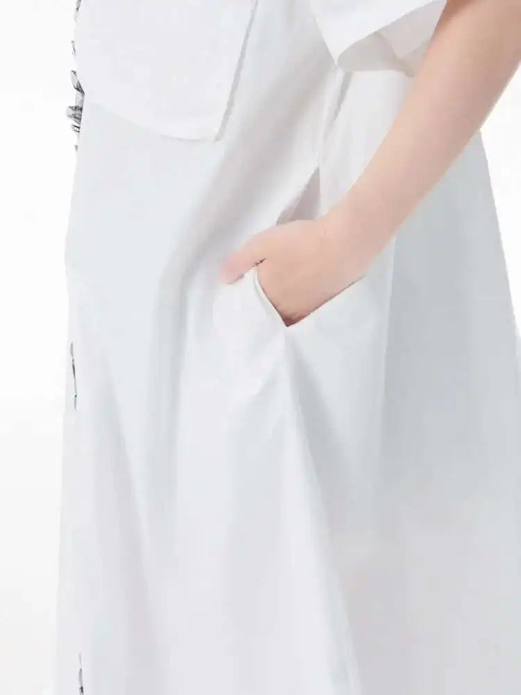 Women White Mesh Color-block Big Size Midi Shirt Dress New Lapel Short Sleeve Fashion Tide Spring Summer 2025 1DJ0003