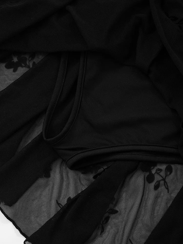 See Through Lace Sexy Mini Dress Women Patchwork Short Sleeve Square Collar Backless High Waist Pleated Club Dress