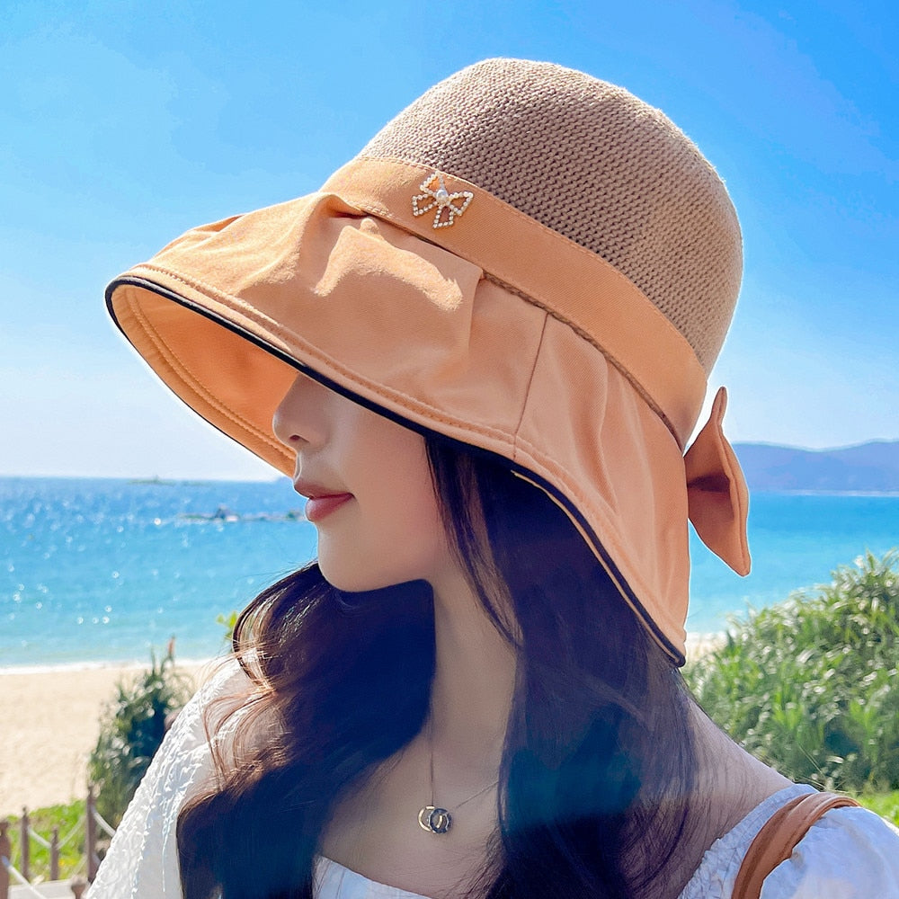 Women's Summer Sun Hat Fashion Hollow Bow Design Sun Cap Female Travel Beach Bucket Hat