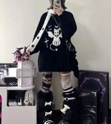 Harajuku Gothic Casual Oversized Knitted Jumpers Grunge Cartoon Sweater Fashion Knitwear Y2k Aesthetic Balack Loose Pullover