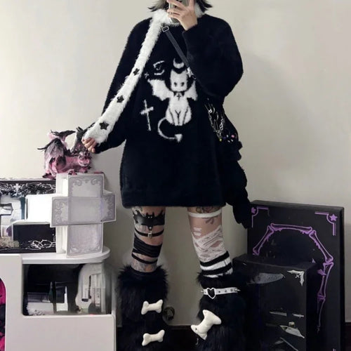 Load image into Gallery viewer, Harajuku Gothic Casual Oversized Knitted Jumpers Grunge Cartoon Sweater Fashion Knitwear Y2k Aesthetic Balack Loose Pullover
