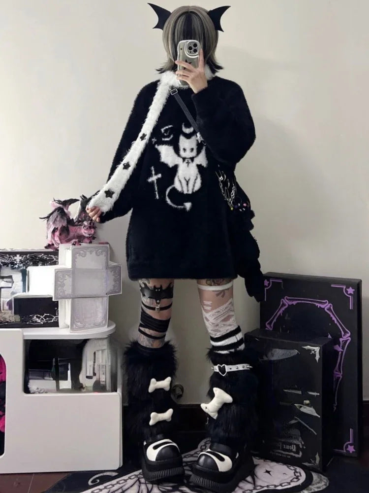 Harajuku Gothic Casual Oversized Knitted Jumpers Grunge Cartoon Sweater Fashion Knitwear Y2k Aesthetic Balack Loose Pullover