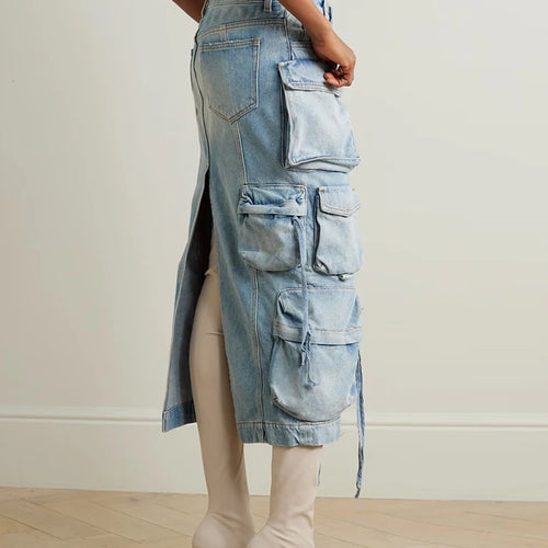 Load image into Gallery viewer, Solid Patchwork Pockets Casual Denim A Line Skirts For Women High Waist Fashion Vintage Loose Split Cargo Skirt Female Style
