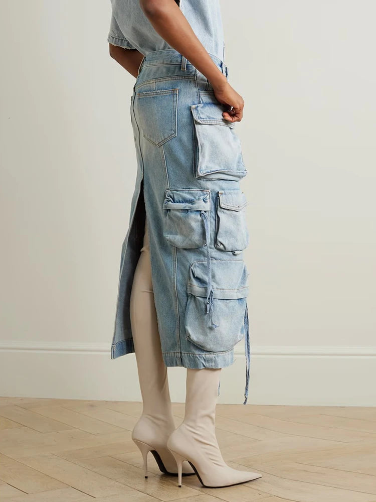 Solid Patchwork Pockets Casual Denim A Line Skirts For Women High Waist Fashion Vintage Loose Split Cargo Skirt Female Style