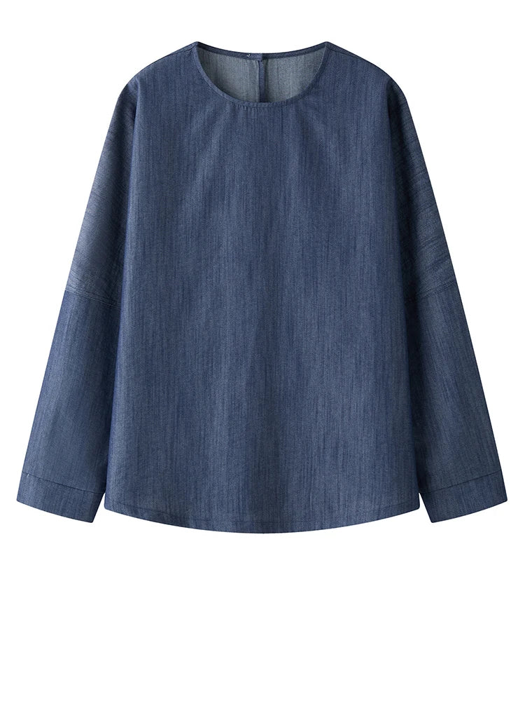 Women Blue Denim Elegant Big Size Casual Blouse New Round Neck Long Sleeve Shirt Fashion Tide Spring Autumn 2025 1DJ0162