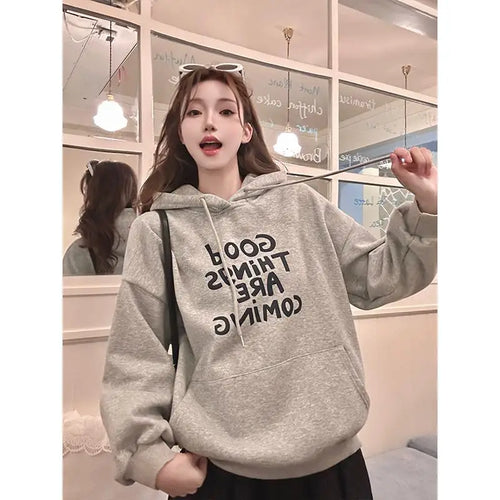 Load image into Gallery viewer, Autumn Winter 2025 Pink Green Letter Printed Elegant Pullover Fashion Short Hooded Sweatshirt Women Grey Long Sleeve Tops Trendy
