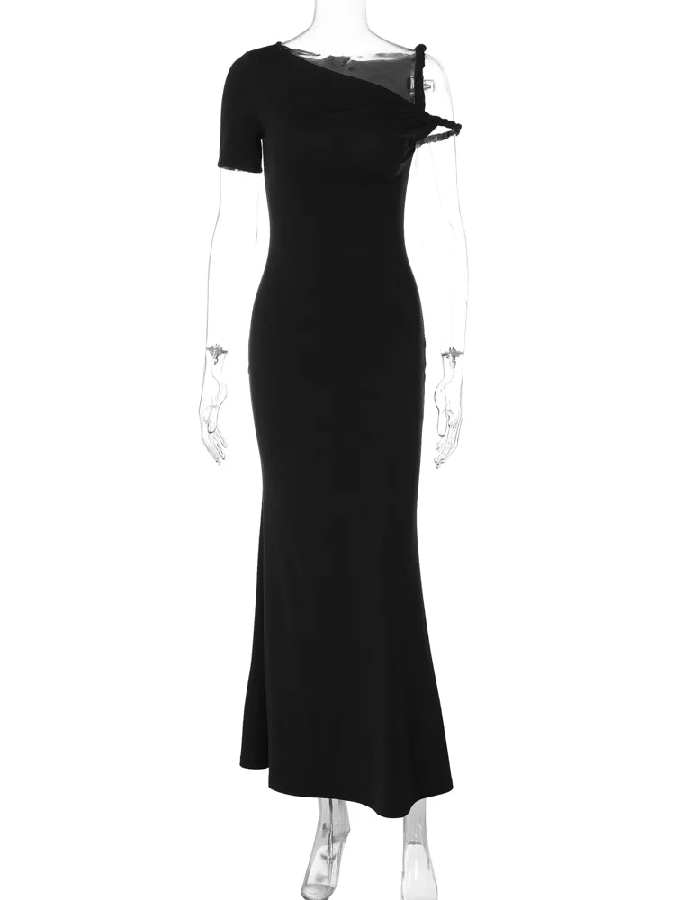 Spring Fashion Solid Short Sleeve Slip Irregular Sexy Slim Maxi Dress Women Designer Clothes Evening Party Festival