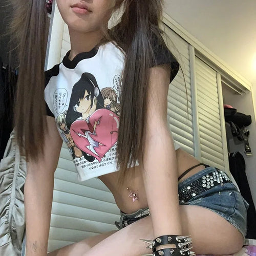 Load image into Gallery viewer, Japanese Y2k Anime Print Crop Top Trashy 2000s Graphic T Shirts Harajuku Short Sleeve Patchwork T-shirt Korean Popular

