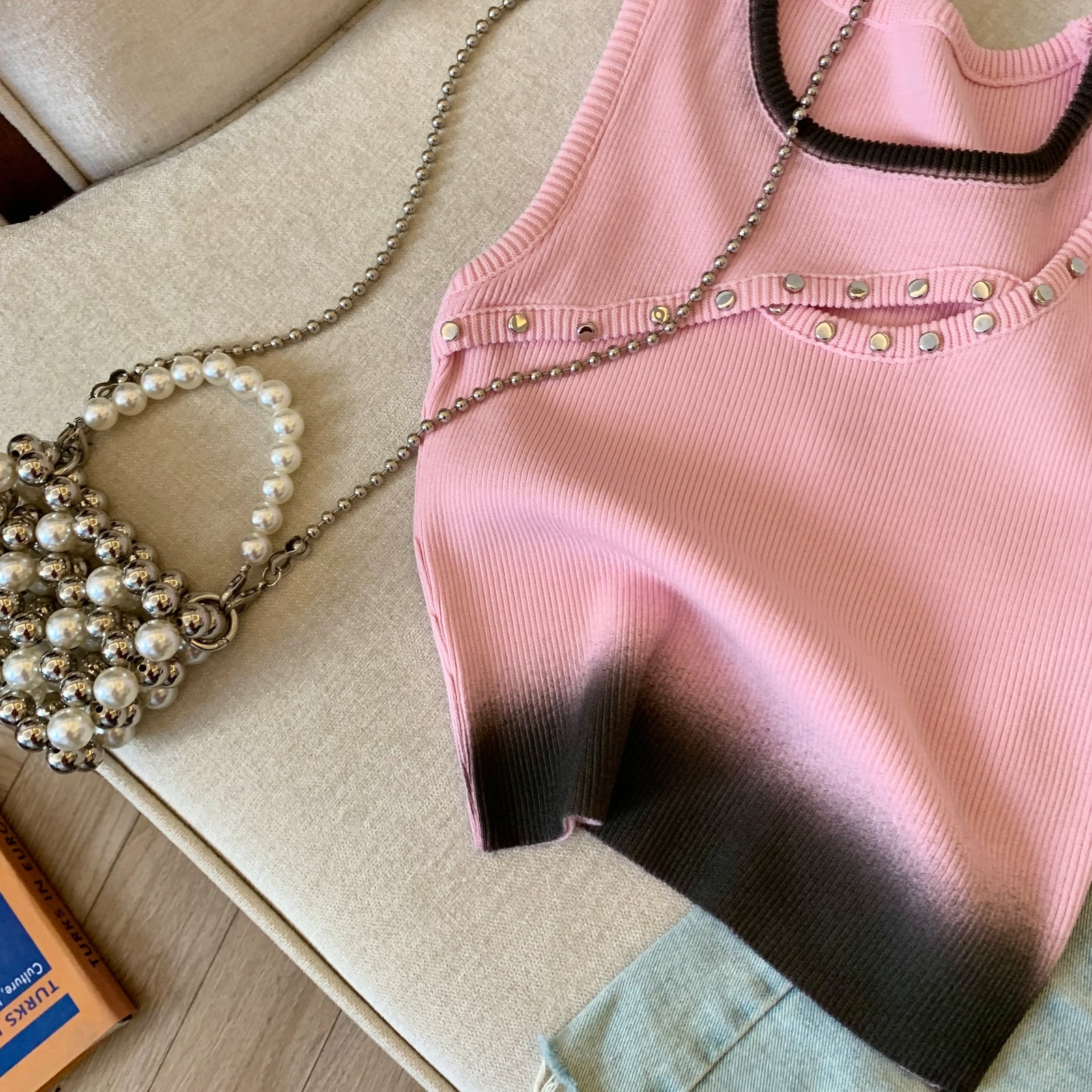 Korean Blue Pink Patchwork Hollow Out Slim Short Knitted Vest Summer Women Round Neck Sleeveless Holiday Pullover Tops 2025 Chic