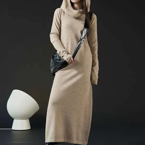Load image into Gallery viewer, Women Oat Color Knitting Ankle Length Dress New Hooded Long Sleeve Loose Fit Fashion Tide Spring Autumn 2025 1DH3764
