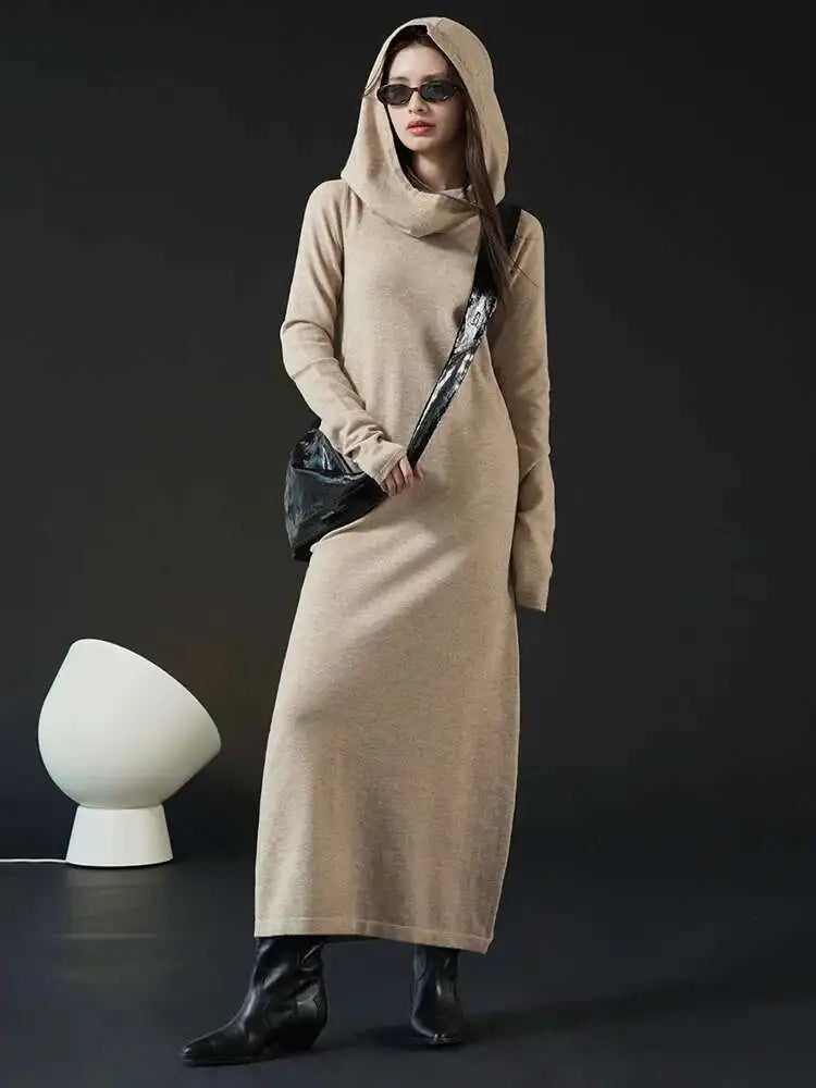 Women Oat Color Knitting Ankle Length Dress New Hooded Long Sleeve Loose Fit Fashion Tide Spring Autumn 2025 1DH3764