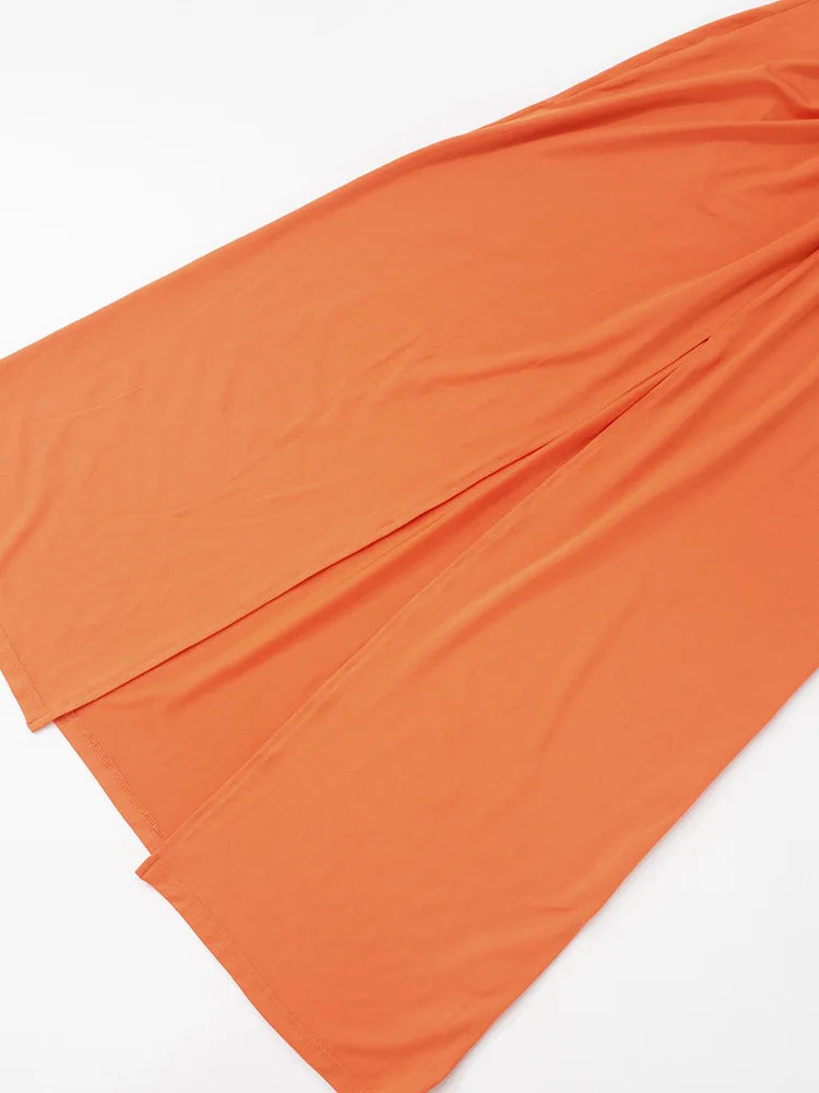 Metal Chain Halter Backless Sexy Maxi Dress Women Orange Off-shoulder Sleeveless Thigh High Split Club Long Dress