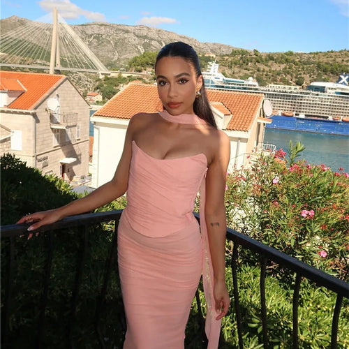 Load image into Gallery viewer, Wine Red Sexy Two Piece Sets Women Neckerchief Strapless Crop Tops And Maxi Skirt Sets Club Party Skirt Two Piece Sets
