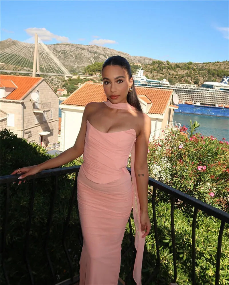 Wine Red Sexy Two Piece Sets Women Neckerchief Strapless Crop Tops And Maxi Skirt Sets Club Party Skirt Two Piece Sets