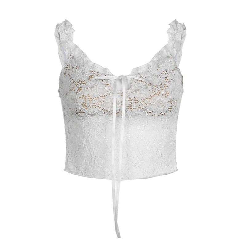 Korean Fashion White Sexy Lace Top Women Jacquard Ruffles Hollow Out Vest Sleeveless Y2K Harajuku Kawaii Cropped Top