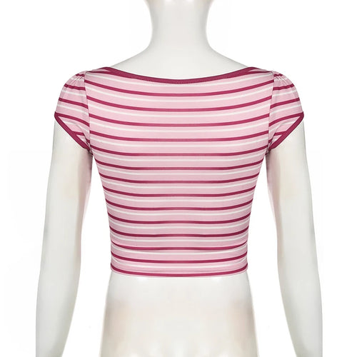 Load image into Gallery viewer, Korean Style Pink Stripe Cutecore Summer Crop Tops Women Folds Printed Casual Short Sleeve T-shirt Y2K Girls Outfits
