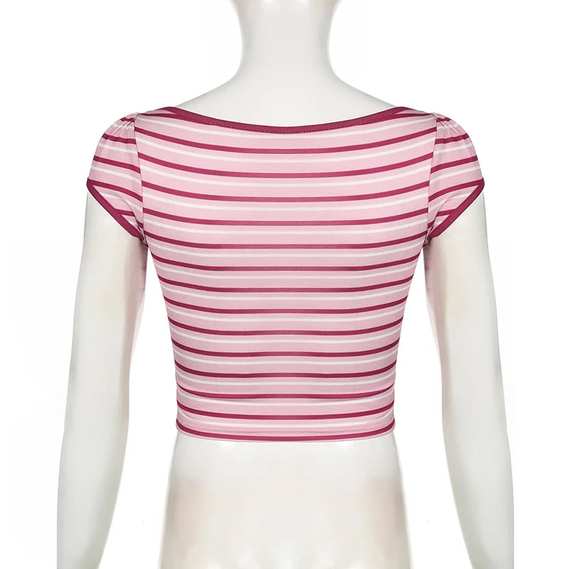 Korean Style Pink Stripe Cutecore Summer Crop Tops Women Folds Printed Casual Short Sleeve T-shirt Y2K Girls Outfits