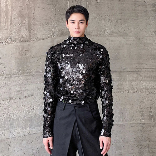 Load image into Gallery viewer, Elegance Men&#39;s Long Sleeve T-shirts Autumn Trend Sequin Standing Neck Slim Male Tee Fashion Personality Autumn 9C2612
